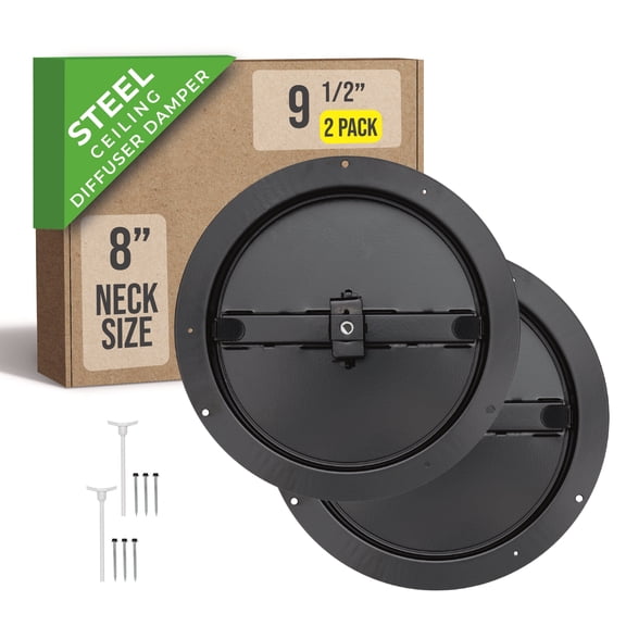 [2 Pack] Fits 8 Inch Neck Air Duct | Steel Butterfly Damper by Handua | For Round Ceiling Air Supply Diffuser with Plastic Key-Handle | Black | Outer Dimension: 9-1/2"