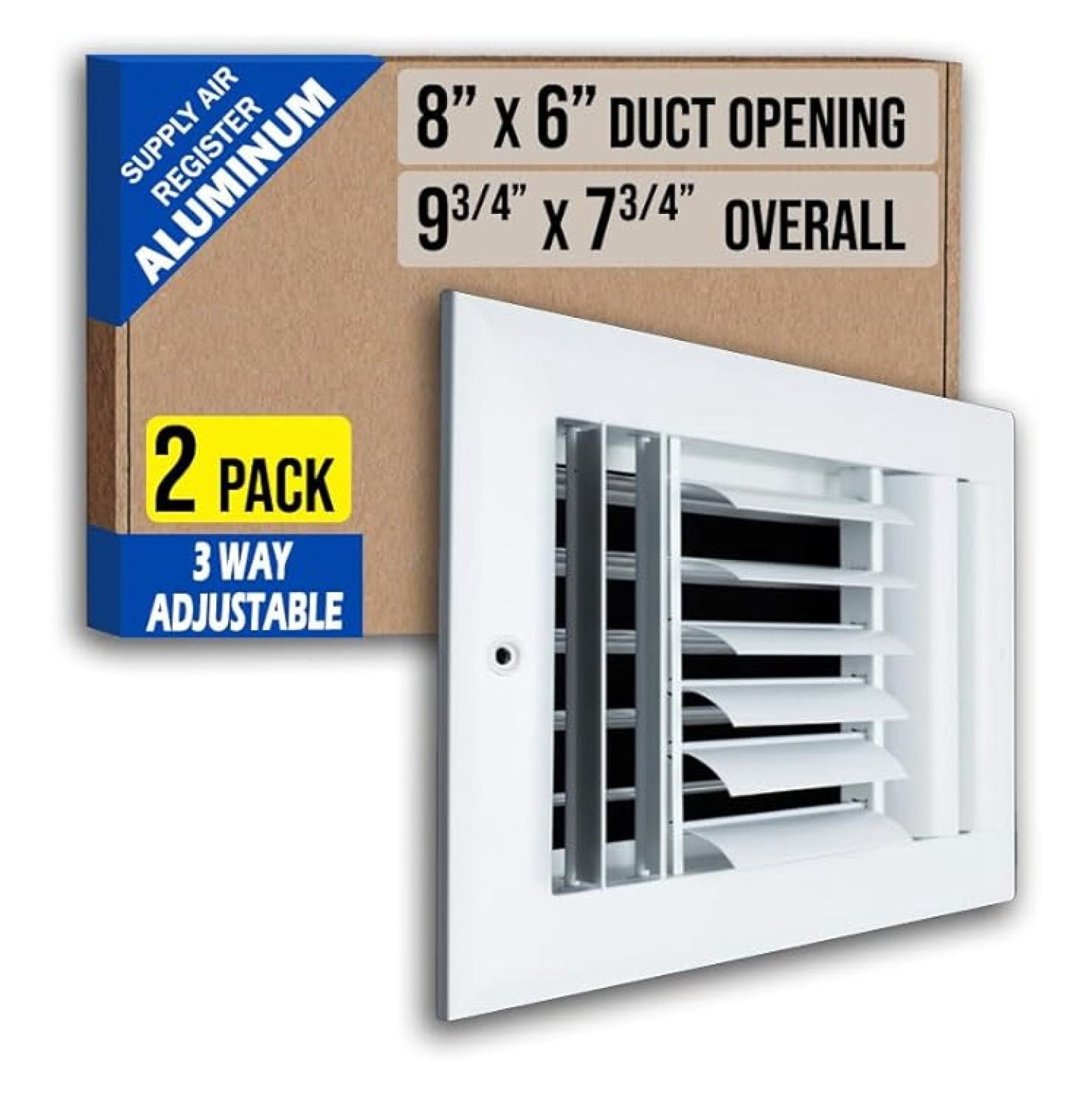 [2 Pack] Fits 8x6 Duct Opening Aluminum 3-Way Adjustable Air Supply ...