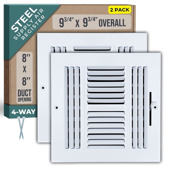 [2 Pack] Fits 8x8 Duct Opening 4 WAY Steel Air Supply Diffuser by Handua | Register Vent Cover Grille for Sidewall and Ceiling | White | Outer Dimensions: 9.75" X 9.75"