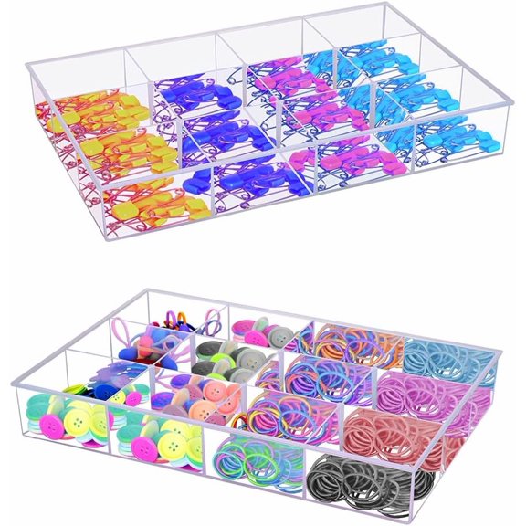 2 Pack Fixed 12 Grids Clear Plastic Organizer Sorting Tray and Transparent Storage Divider Box Container Case for Hardware, Craft, Sewing Kit, Office Supplies, Small Parts