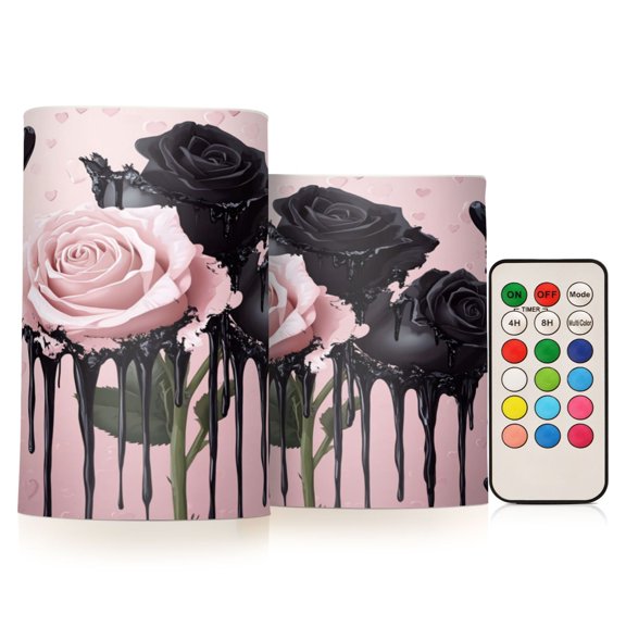 2 Pack Flameless LED Candles with Remote Control Dark Romance Roses Pattern Realistic 3D Wick Flickering Candle Lights for Halloween Christmas Home Window Wedding Table Decor