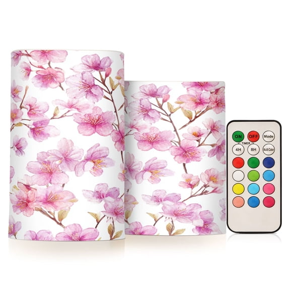 2 Pack Flameless LED Candles with Remote Control Spring Cherry Blossom Glow Realistic 3D Wick Flickering Candle Lights for Halloween Christmas Home Window Wedding Table Decor