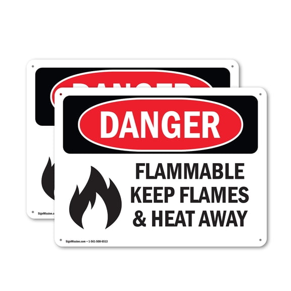 (2 Pack) Flammable Keep Flames And Heat Away OSHA Danger Sign 18 Inch X 12 Inch Indoor / Outdoor Rust-Free Aluminum Metal Signs for Workplace, Workshop, and Construction Site, Made in