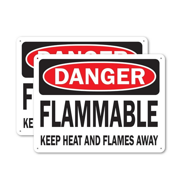 (2 Pack) Flammable Keep Heat and Flames Away OSHA Danger Sign 14 Inch X 10 Inch Plastic Sign, Weather Resistant, UV Protected for Workplace, Business, and Construction Site, Made in the