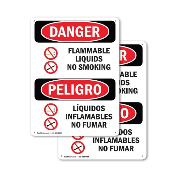 (2 Pack) Flammable Liquids No Smoking Bilingual OSHA Danger Sign 10 Inch X 14 Inch Plastic Sign, Weather Resistant, UV Protected for Workplace, Business, and Construction Site, Made in