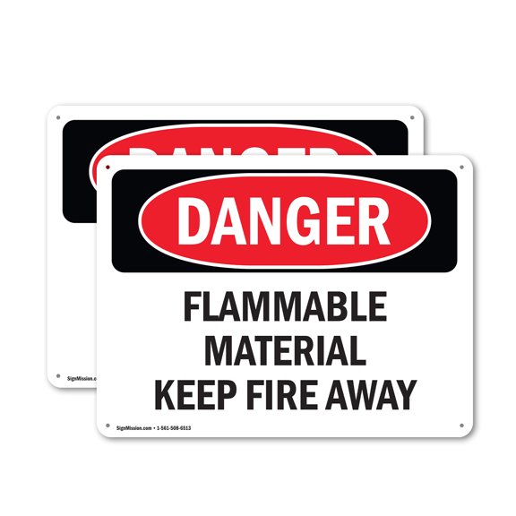 (2 Pack) Flammable Material Keep Fire Away OSHA Danger Sign 14 Inch X 10 Inch Plastic Sign, Weather Resistant, UV Protected for Workplace, Business, and Construction Site, Made in the