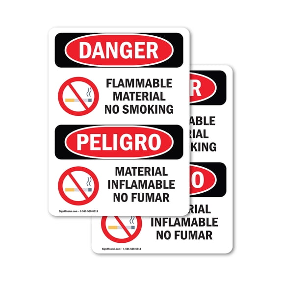 (2 Pack) Flammable Material No Smoking Bilingual OSHA Danger Sign