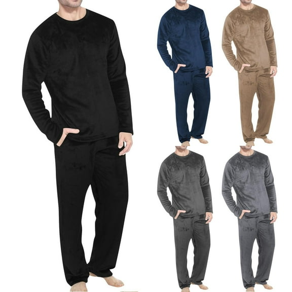 2 Pack Flannel Pajamas Sets for Men with Pockets 2 Piece Fleece Loungewear Outfits Mens Casual Solid Thermal Warm Plush Long Sleeve Shirts and Pants Pajama