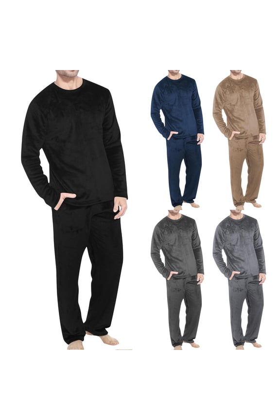 2 Pack Flannel Pajamas Sets for Men with Pockets 2 Piece Fleece Loungewear Outfits Mens Casual Solid Thermal Warm Plush Long Sleeve Shirts and Pants Pajama