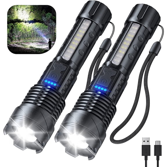 2 Pack Flashlight High Lumens Rechargeable, 9800000 Lumen Super Bright Led Flashlights with 7 Light Modes, IPX6 Waterproof, Powerful Handheld Flash Light for Camping Home Emergencies