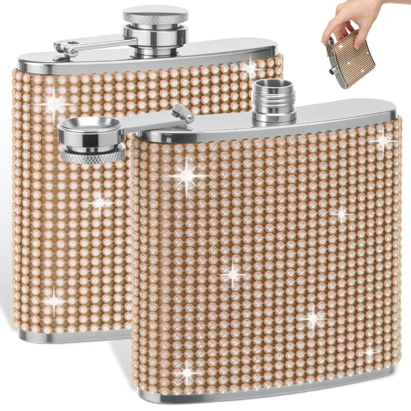 2 Pack Flask for Liquor for Women 6OZ Cute Rhinestones 304 Stainless Steel Hip Flask Girls Glitter Bling Pocket Decorative Flasks for Vodka Whiskey Wine (Gold)