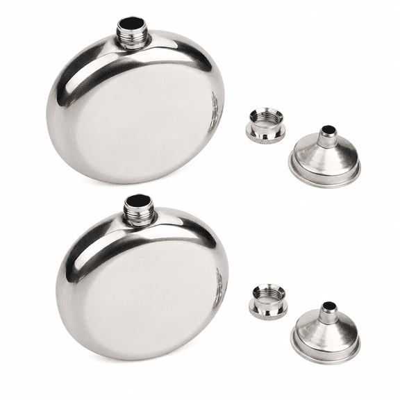 ABCISI 2 Pack Stainless Steel Hip Flask Set, 5 Oz Round Liquor Flasks with Screw Caps and Funnels, Portable Whiskey Bottles for Men, Camping, Hiking, Fishing, Travel and Outdoor Use,Round 5 Oz