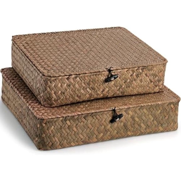 2 Pack Flat Seagrass Storage Bins with Lid, Wicker Woven Storage Basket Set, Rattan Organizer Bins for Shelf, Closet, Bedroom$$Home Decor, Kitchen, & Other
