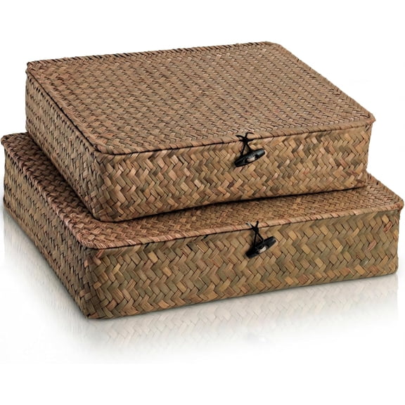 2-Pack Flat Woven Seagrass Storage Bins with Lid, Handmade Rattan Organizer Boxes Ideal for Gifting