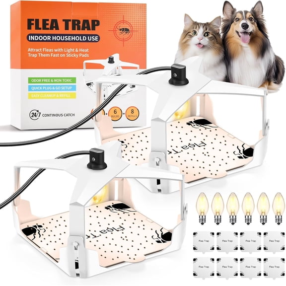 2 Pack Flea Trap, Indoor Electric Fleas Trap with 6 Bulbs & 8 Sticky Pads for Home, Pets & Kids Friendly, Sticky Traps, Fruit Fly Trap, Flying Insect Trap, Pest Lab