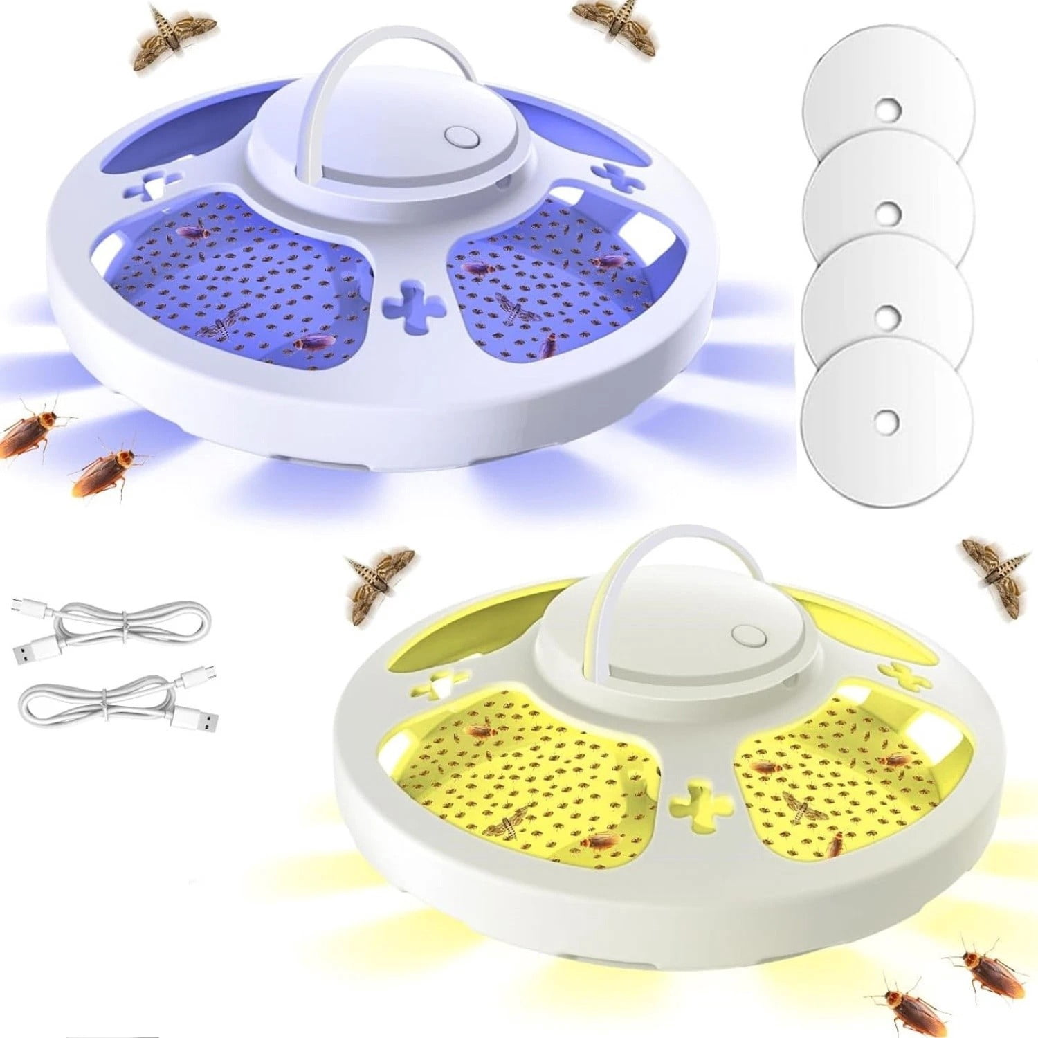 2 Pack Flea Traps for Inside Home with 4 Sticky Pads and USB Cable, Flea Light Trap for Indoor Pest Control, Hanging Trap for Fleas, Gnats, Moths and Small Bugs