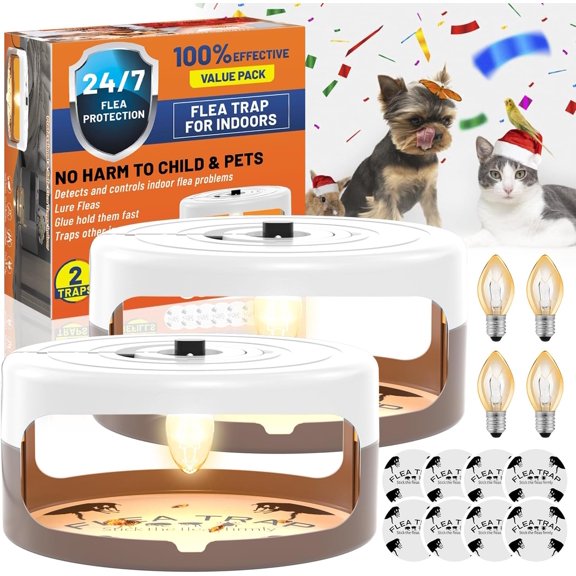 2 Pack Flea Traps for Inside Your Home, Indoor Flea Light, Bed Bug Killer with 8 Sticky Pads & 4 Light Bulb, Odorless Natural Insect Infestation Treatment Trap for Kid Pet