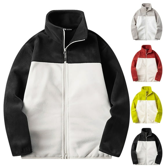 2 Pack Fleece Jackets for Men Women with Pockets Zip Up Mock Neck Coats Unisex Couples Casual Long Sleeve Color Block Thermal Warm Going Out Sherpa Jacket