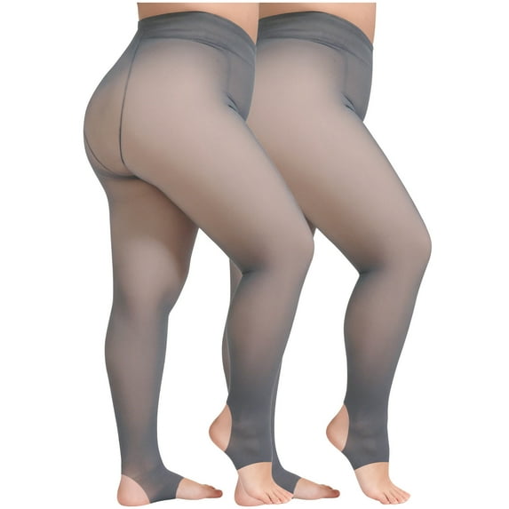 2 Pack Fleece Lined Tights Women Fake Translucent Sheer Warm Pantyhose Leggings Thermal Thick Tights for Dresses (Free Size, Gray|90g)