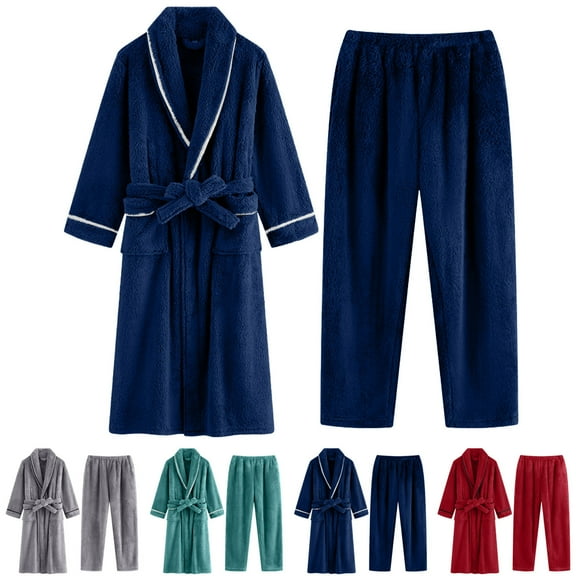 2 Pack Fleece Pajama Sets for Men Long Sleeve Robes and Pants Loungewear Outfits Mens Casual Solid Thermal Warm Plush Flannel Bathrobes 2 Piece Pajamas