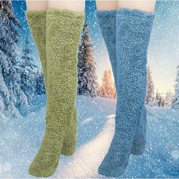 2 Pack Fleece Slipper Socks for Women Thigh-High Thermal Warm Homewear Over the Knee Casual Solid Slouch Long Fuzzy Sock Christmas Gifts