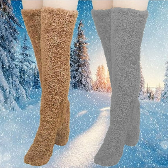2 Pack Fleece Slipper Socks for Women Thigh-High Thermal Warm Homewear Over the Knee Casual Solid Slouch Long Fuzzy Sock Christmas Gifts Clearance