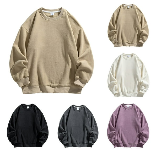 2 Pack Fleece Sweatshirts for Men No Hood Long Sleeve Crewneck Shirts Mens Pullover Solid Color Thermal Warm Basic Going-Out Loungewear Sweatshirt Tops