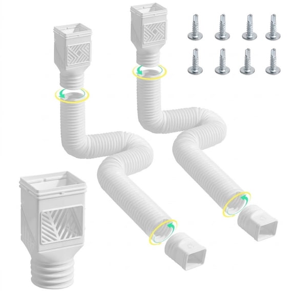 2-Pack Flexible Rain Gutter Downspout Extensions, 22" to 63" Extendable Drain Extender with Adapters - White