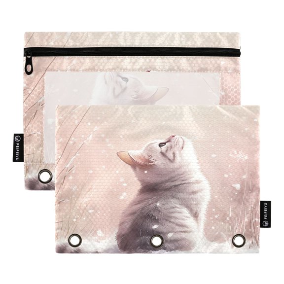 2 Pack Flip Folders with Clear PVC Window Binder Pouches 3-Ring Binder Organizer for Office & Home A Cat in The Snow