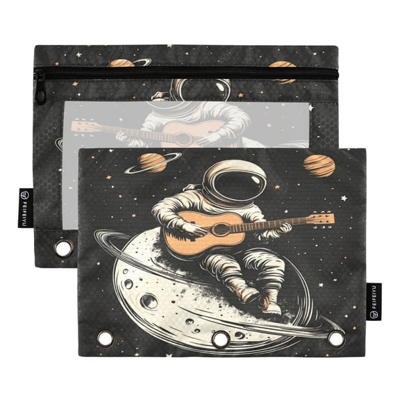 2 Pack Flip Folders with Clear PVC Window Binder Pouches 3-Ring Binder Organizer for Office & Home Astronaut Playing Guitar