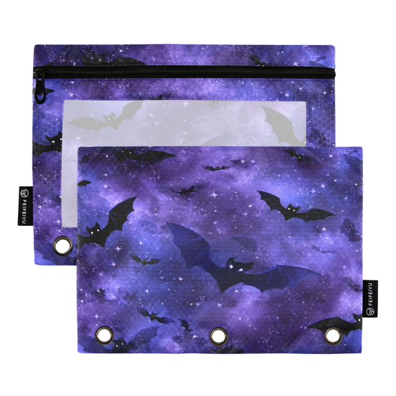 2 Pack Flip Folders with Clear PVC Window Binder Pouches 3-Ring Binder Organizer for Office & Home Bats in The Night Sky