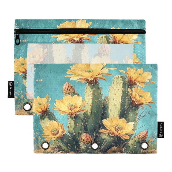 2 Pack Flip Folders with Clear PVC Window Binder Pouches 3-Ring Binder Organizer for Office & Home Beautiful Cactus