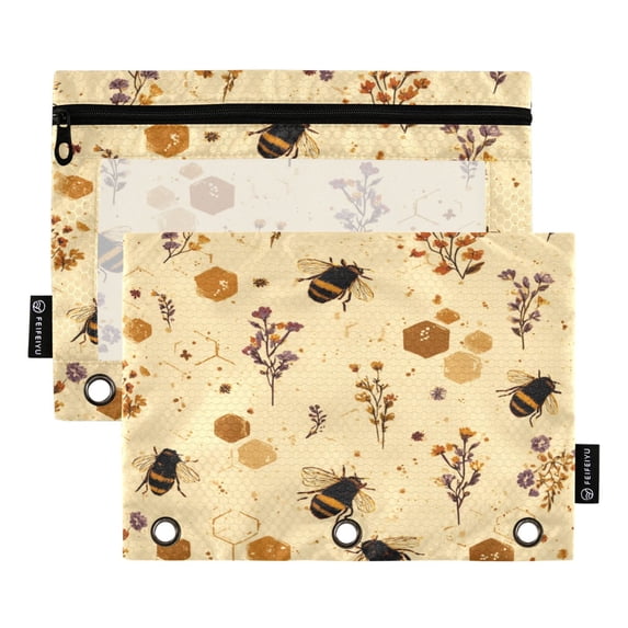 2 Pack Flip Folders with Clear PVC Window Binder Pouches 3-Ring Binder Organizer for Office & Home Bees and Flowers Pattern
