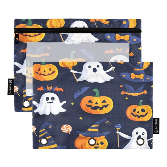 2 Pack Flip Folders with Clear PVC Window Binder Pouches 3-Ring Binder Organizer for Office & Home Black Background Halloween Elements