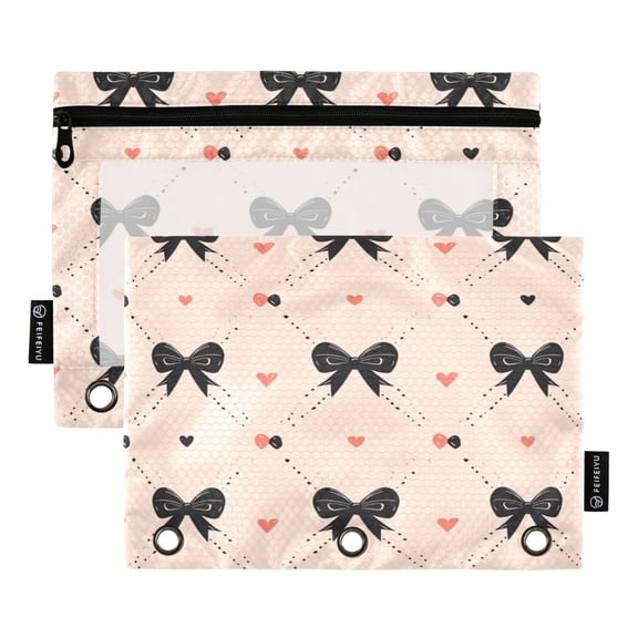 2 Pack Flip Folders with Clear PVC Window Binder Pouches 3-Ring Binder Organizer for Office & Home Black Bows Pattern