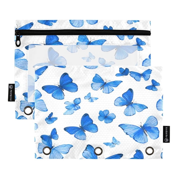 2 Pack Flip Folders with Clear PVC Window Binder Pouches 3-Ring Binder Organizer for Office & Home Blue Butterfly Pattern