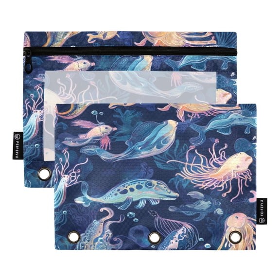 2 Pack Flip Folders with Clear PVC Window Binder Pouches 3-Ring Binder Organizer for Office & Home Blue Sea Creatures