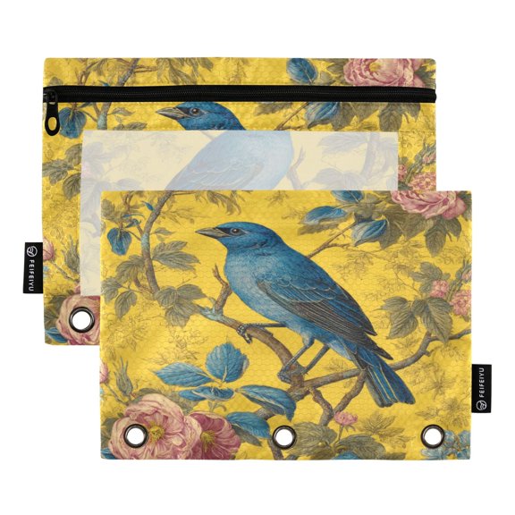 2 Pack Flip Folders with Clear PVC Window Binder Pouches 3-Ring Binder Organizer for Office & Home Bluebird Surrounded by Flowers