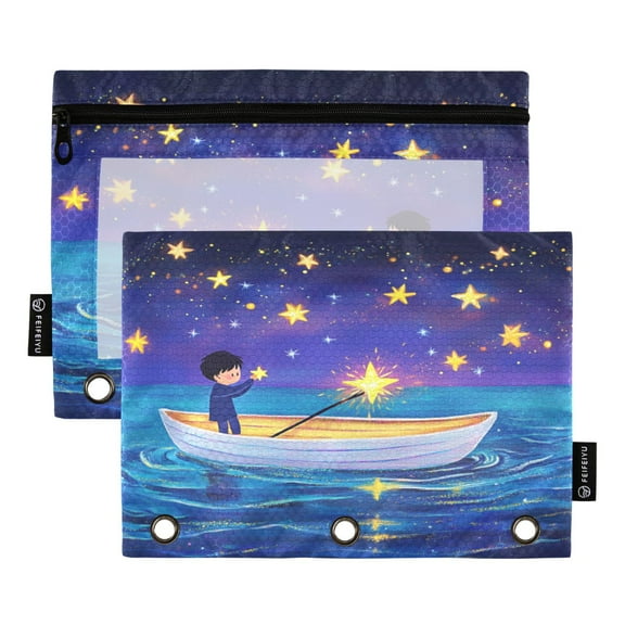 2 Pack Flip Folders with Clear PVC Window Binder Pouches 3-Ring Binder Organizer for Office & Home Boats under The Stars