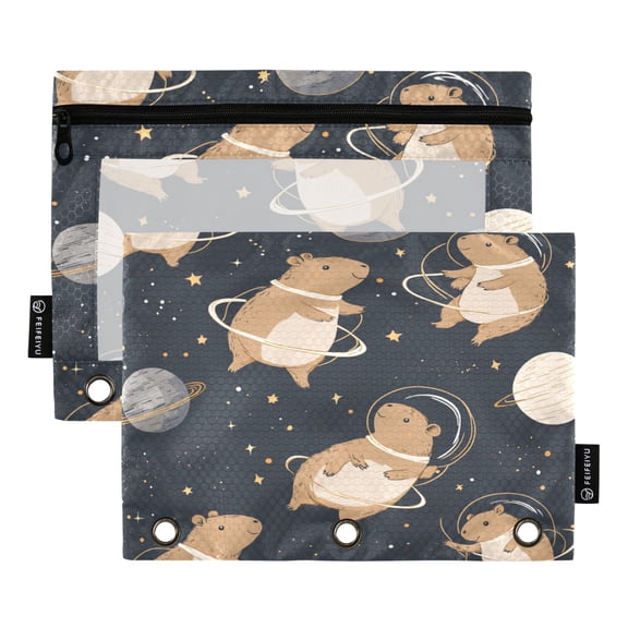 2 Pack Flip Folders with Clear PVC Window Binder Pouches 3-Ring Binder Organizer for Office & Home Capybara Astronauts