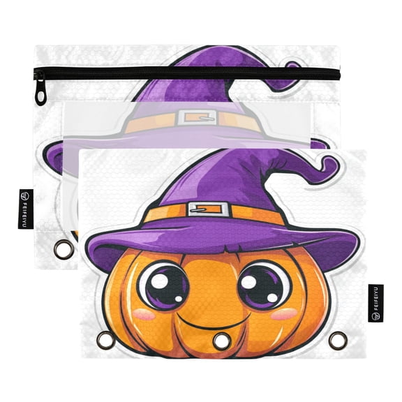 2 Pack Flip Folders with Clear PVC Window Binder Pouches 3-Ring Binder Organizer for Office & Home Cartoon Pumpkin Wearing Witch Hat