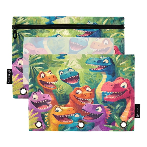 2 Pack Flip Folders with Clear PVC Window Binder Pouches 3-Ring Binder Organizer for Office & Home Colorful Cartoon Dinosaurs