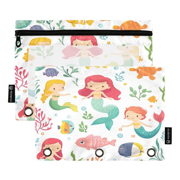 2 Pack Flip Folders with Clear PVC Window Binder Pouches 3-Ring Binder Organizer for Office & Home Colorful Mermaids