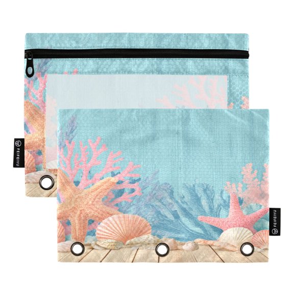 2 Pack Flip Folders with Clear PVC Window Binder Pouches 3-Ring Binder Organizer for Office & Home Colorful Starfish and Seashells