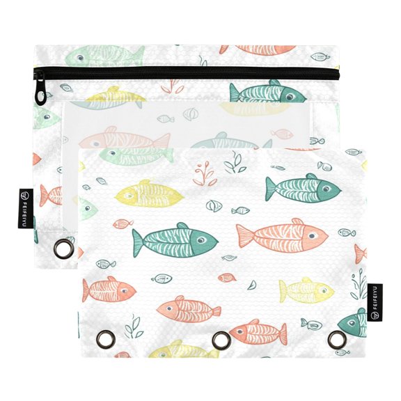 2 Pack Flip Folders with Clear PVC Window Binder Pouches 3-Ring Binder Organizer for Office & Home Cute Doodle Fish