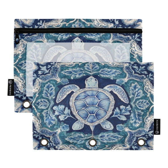 2 Pack Flip Folders with Clear PVC Window Binder Pouches 3-Ring Binder Organizer for Office & Home Dark Teal Turtle Pattern
