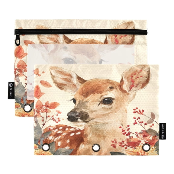 2 Pack Flip Folders with Clear PVC Window Binder Pouches 3-Ring Binder Organizer for Office & Home Deer Surrounded by Autumn Leaves