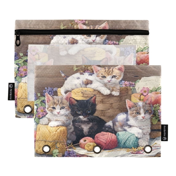 2 Pack Flip Folders with Clear PVC Window Binder Pouches 3-Ring Binder Organizer for Office & Home Different Colors and Patterns Cat