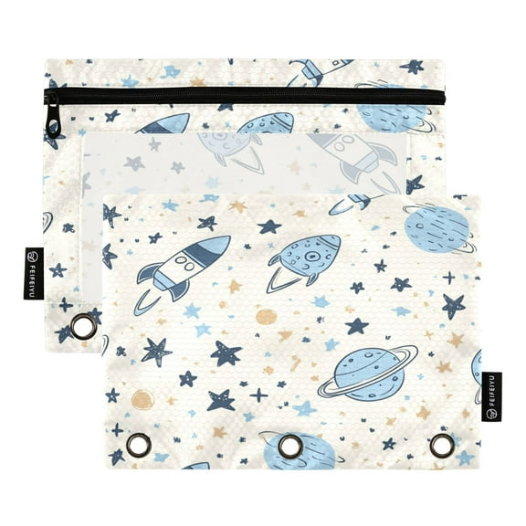 2 Pack Flip Folders with Clear PVC Window Binder Pouches 3-Ring Binder Organizer for Office & Home Doodle Space-themed Elements