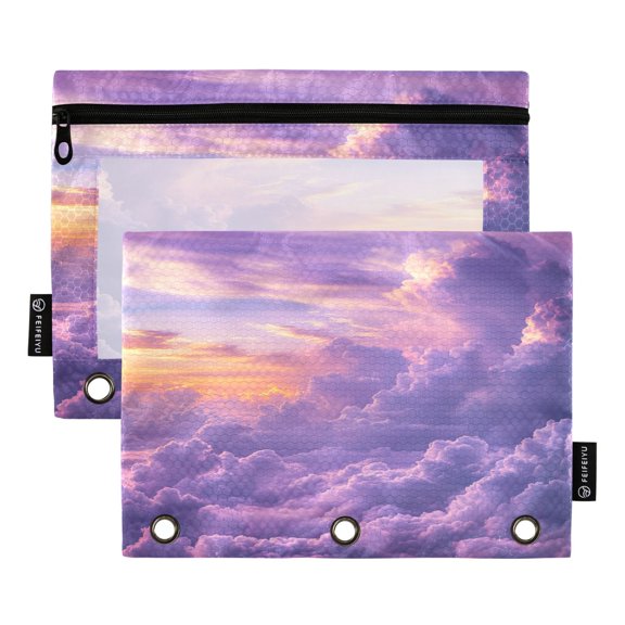 2 Pack Flip Folders with Clear PVC Window Binder Pouches 3-Ring Binder Organizer for Office & Home Fluffy Clouds
